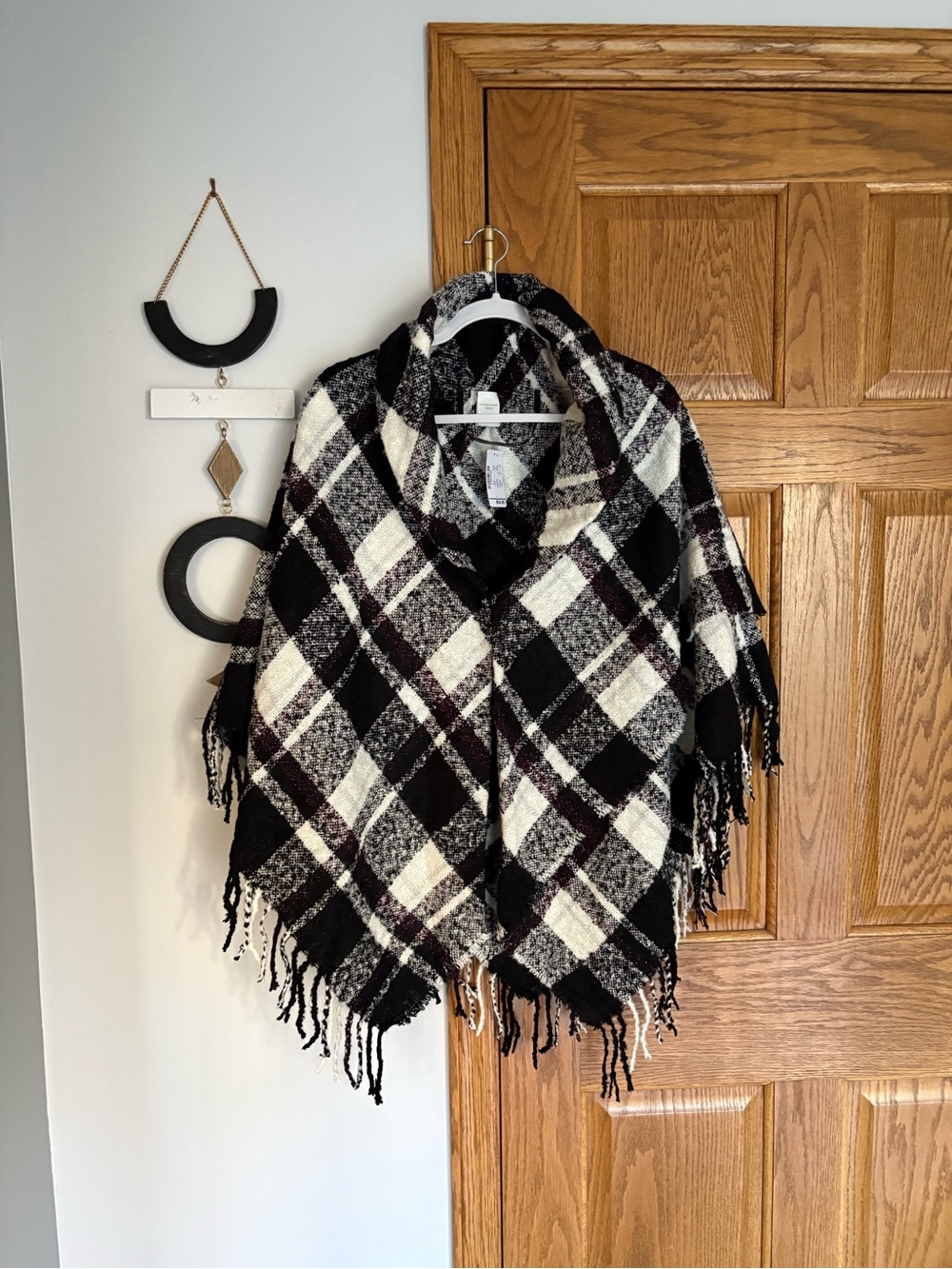 Christopher & Banks Black and Cream Plaid Fringe Poncho